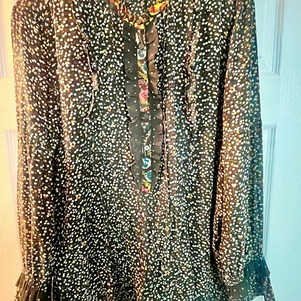 LOFT boho Blouse with White Dots and Floral Accents